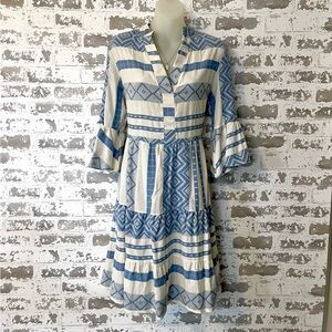 Boho Italian Cotton Tiered Dress Blue Cream Geometric Bell Sleeve Fabrica-9 S